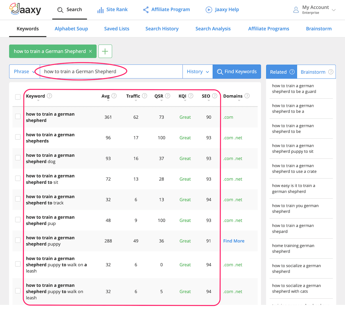 An example of conducting keyword research using Jaaxy.